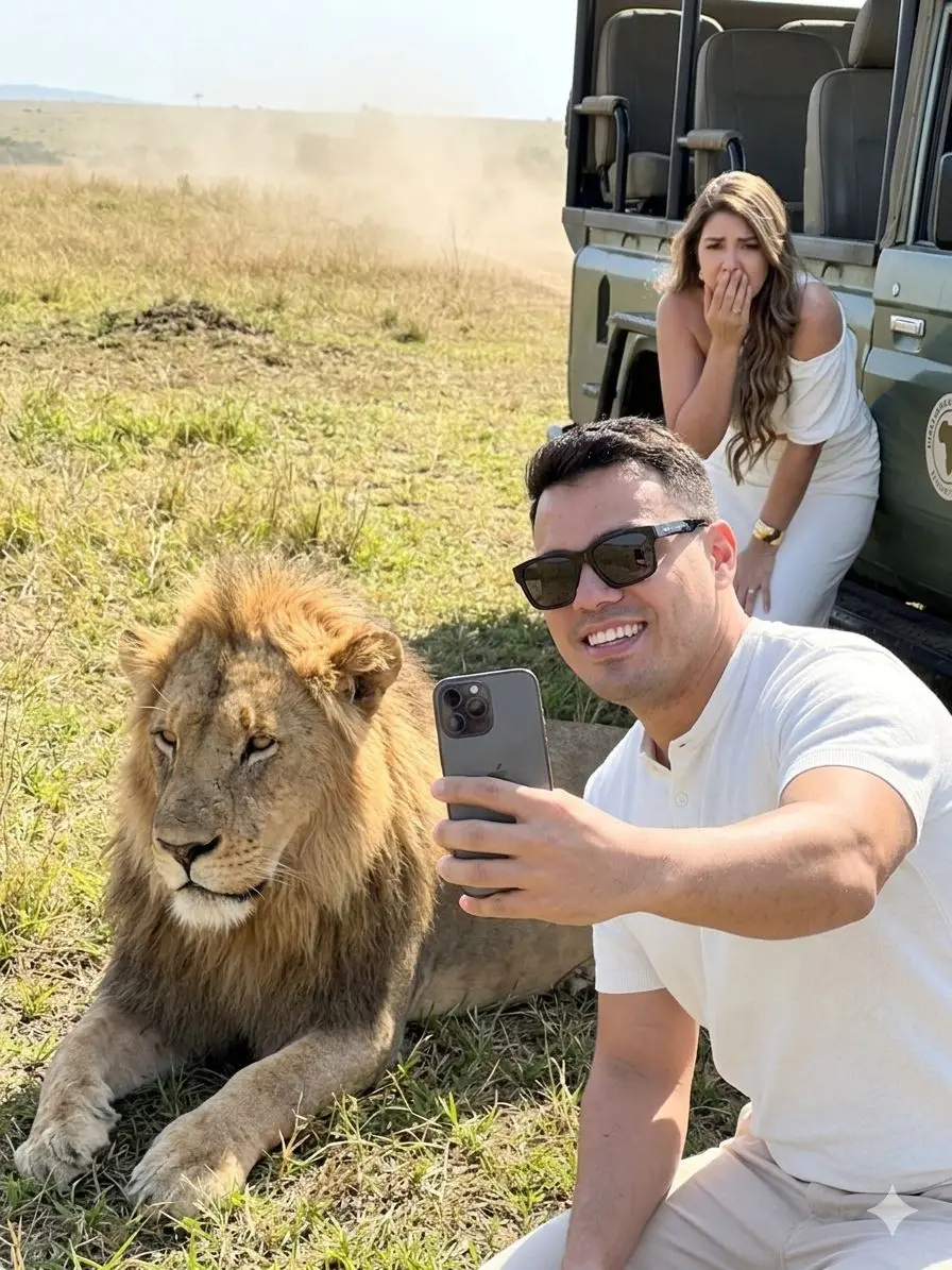 Cota para o noivo tirar selfie com o leão