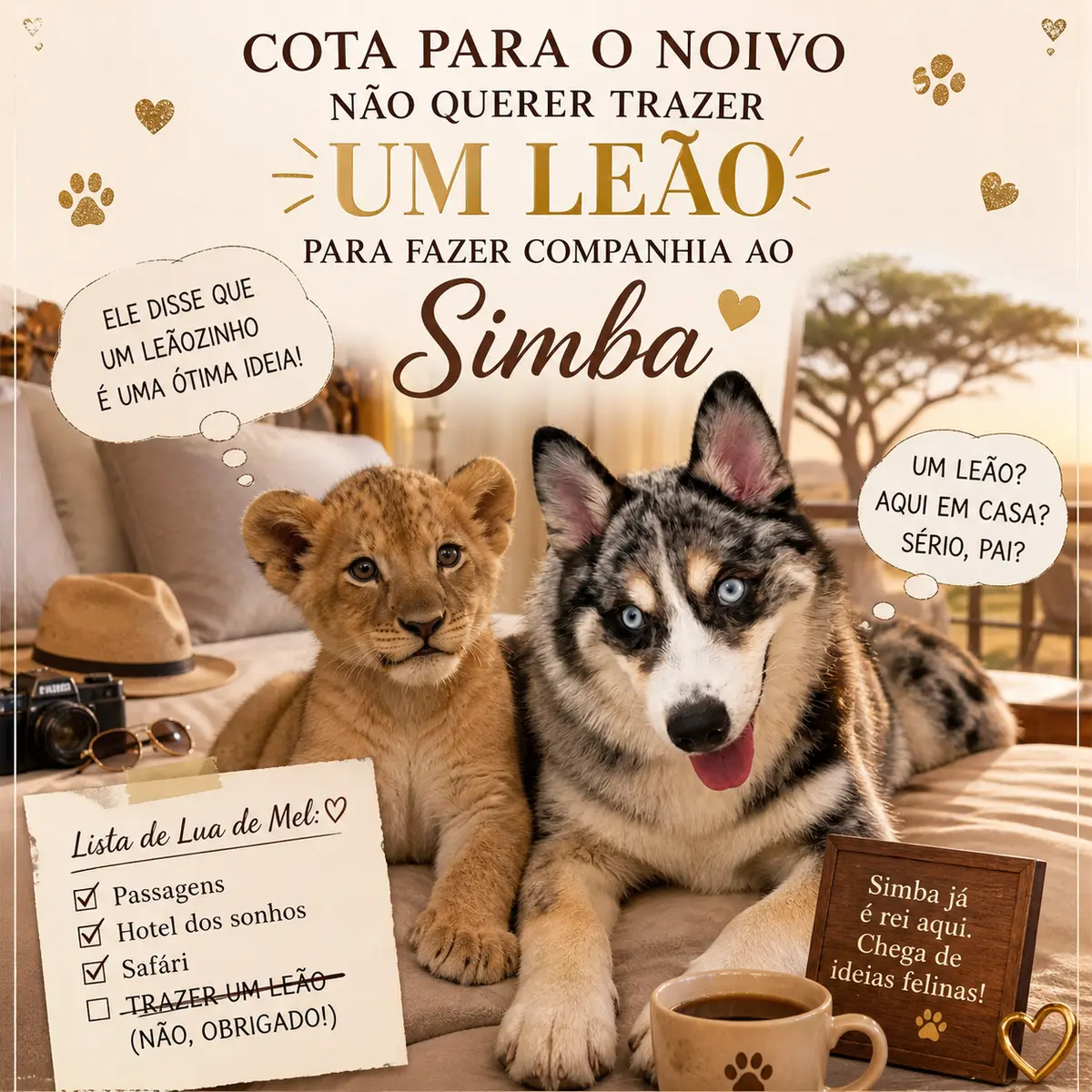 Cota para o noivo não querer trazer um leão para fazer companhia ao Simba
